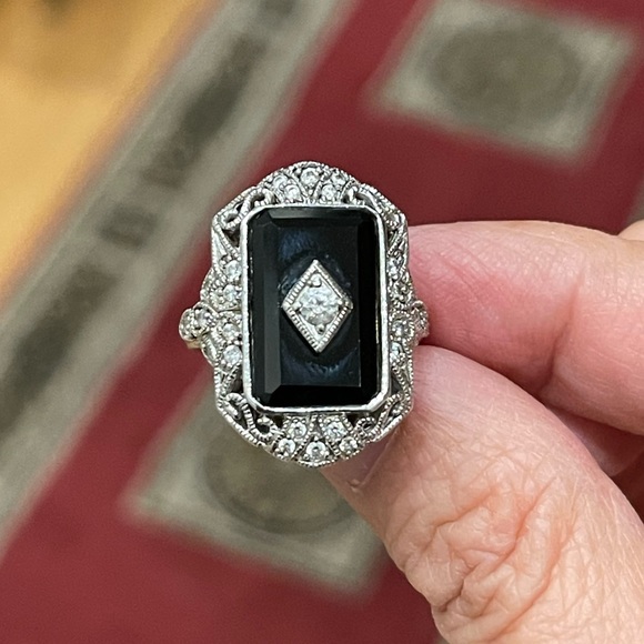 Art Deco style black onyx diamanté crystal sterling silver size 5.0 ring - Picture 3 of 11